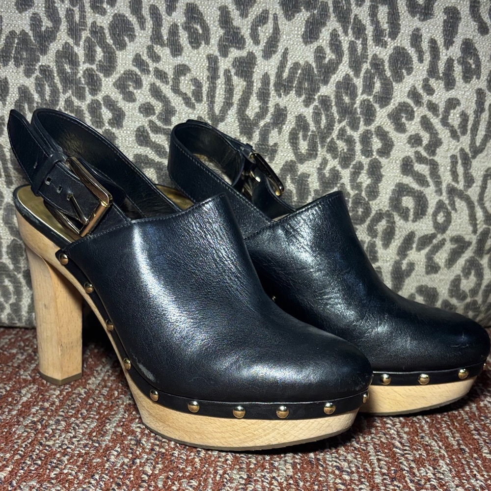 Michael‎ Kors Black Leather slingback mule Clogs high heel studded western 9.5